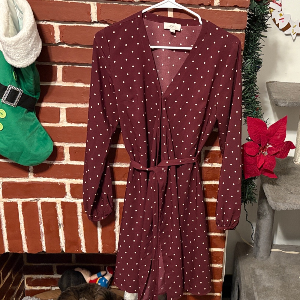 LOFT Burgundy Dress with Cream Dots
